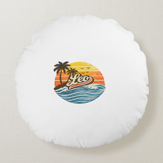 Cojín Redondo Diseño de nombre Leo Retro Sunset (Anverso)