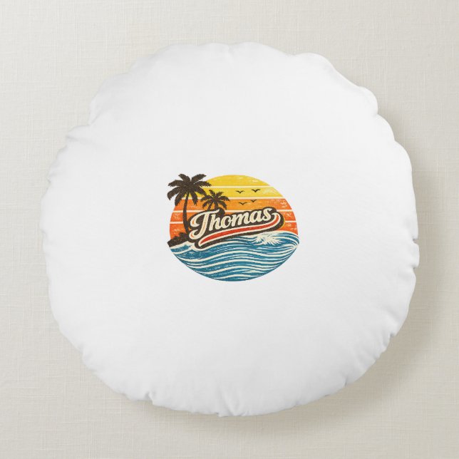 Cojín Redondo Diseño de nombre Thomas Retro Sunset (Anverso)