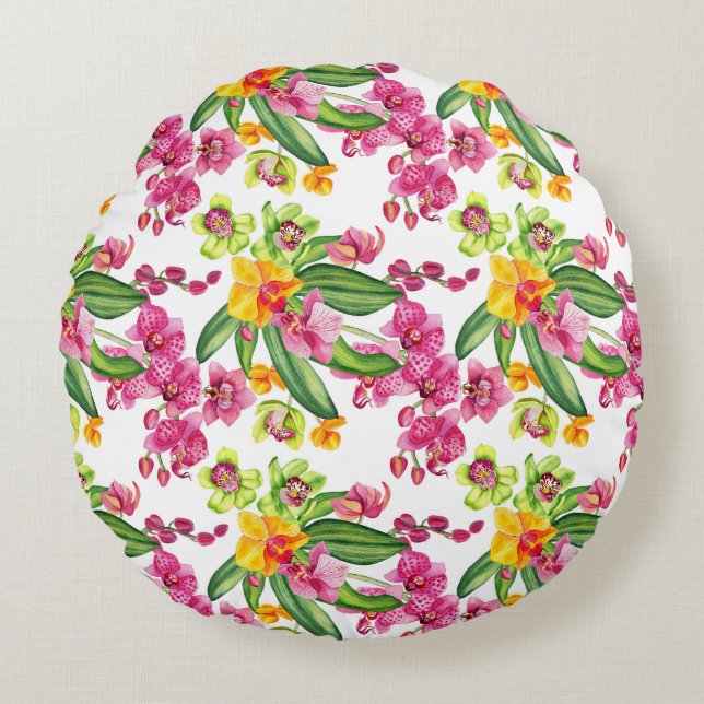 Cojín Redondo Diseño de orquídeas acuarelas 18 (Anverso)