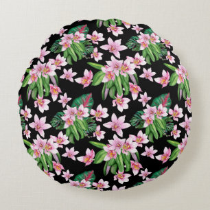 Cojín Redondo Diseño de orquídeas acuarelas 27