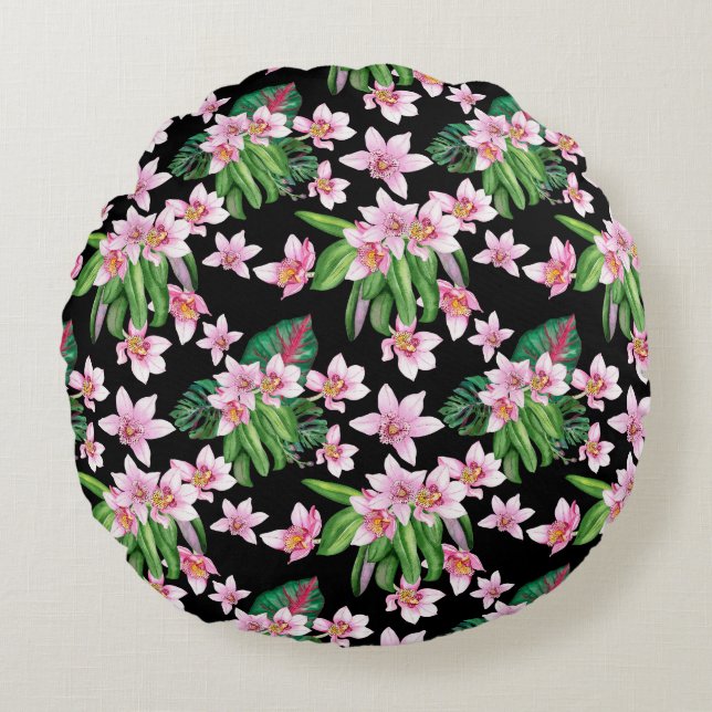 Cojín Redondo Diseño de orquídeas acuarelas 27 (Anverso)