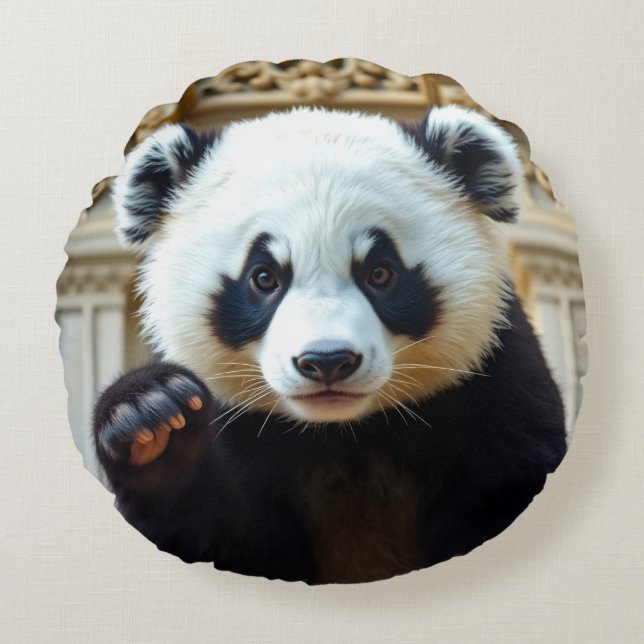 Cojín Redondo Diseño de Panda Saludando (Anverso)