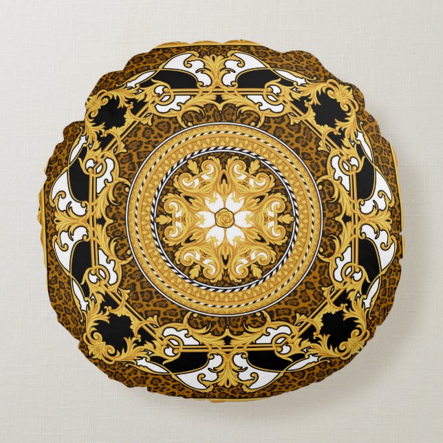 Cojín Redondo Diseño de pañuelo de seda con huella animal y dora (Anverso)