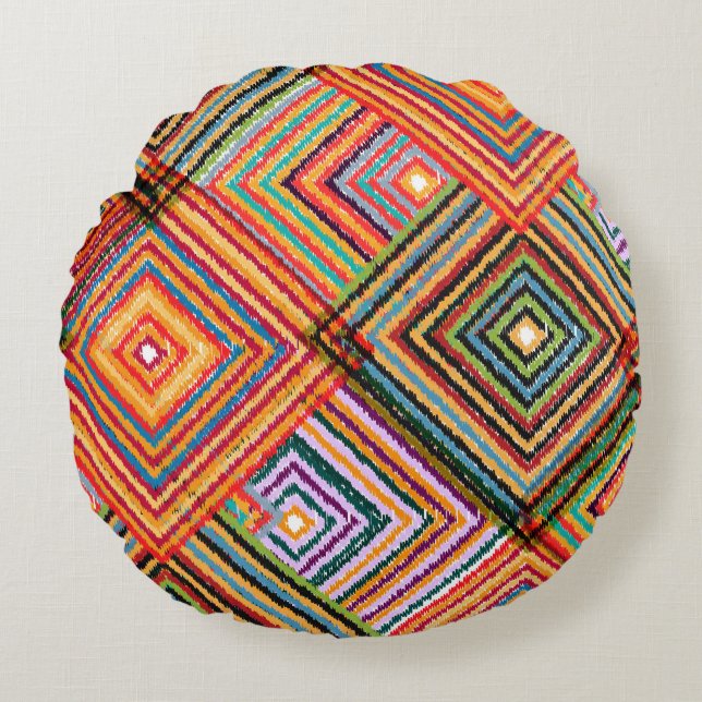 Cojín Redondo Diseño de parches con plazas aztecas. (Anverso)