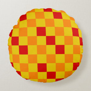 Cojín Redondo Diseño de patrón a cuadros rojo naranja amarillo