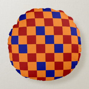 Cojín Redondo Diseño de patrón a cuadros rojo naranja azul