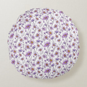 Cojín Redondo Diseño de patrón botánico de flor silvestre púrpur