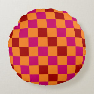 Cojín Redondo Diseño de Patrón de Cuadros Rojo Naranja Rosa