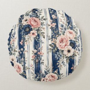 Cojín Redondo Diseño de patrón de franja floral Navy en acuarela