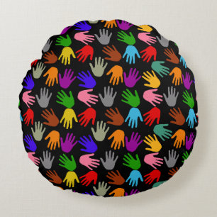 Cojín Redondo Diseño de patrón de huella de mano colorida negra