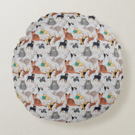 Cojín Redondo Diseño De Patrones De Perros Y Gatos Cutos