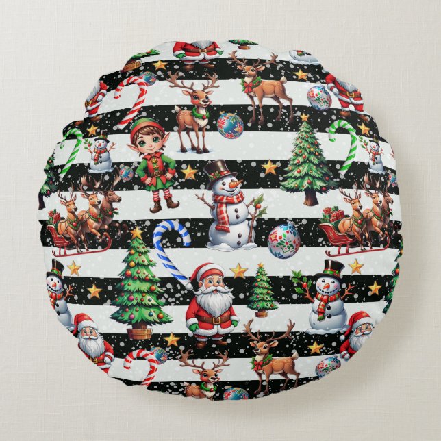Cojín Redondo Diseño de patrones de rayas de Navidades decorativ (Anverso)
