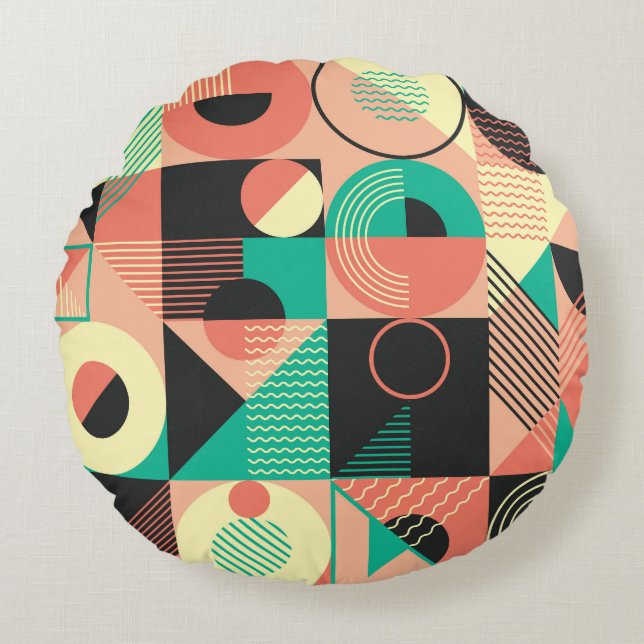 Cojín Redondo Diseño de patrones geométricos retro (Anverso)