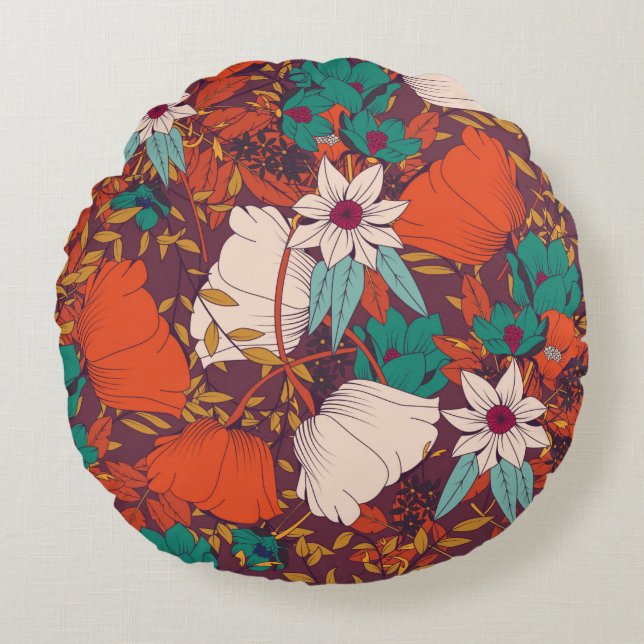 Cojín Redondo Diseño de patrones impecable con flores dibujadas  (Anverso)