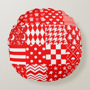 Cojín Redondo Diseño de patrones mixtos blancos rojos