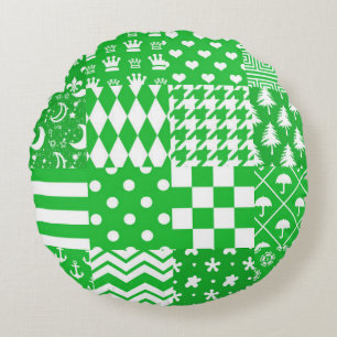 Cojín Redondo Diseño de patrones mixtos de color blanco verde