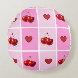 Cojín Redondo Diseño de tablero de ajedrez de corazón de cereza 