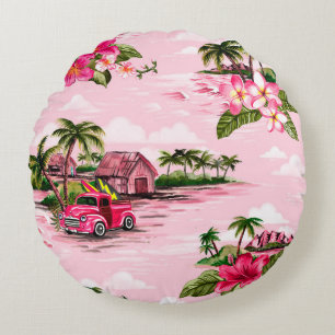 Cojín Redondo Diseño de telas de barca hawaiana vintage de isla 