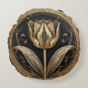 Cojín Redondo Diseño de Tulipán Dorado y Negro