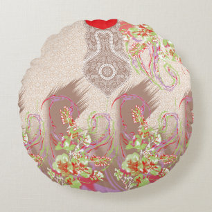 Cojín Redondo diseño de un jarrón rojo con flores en él