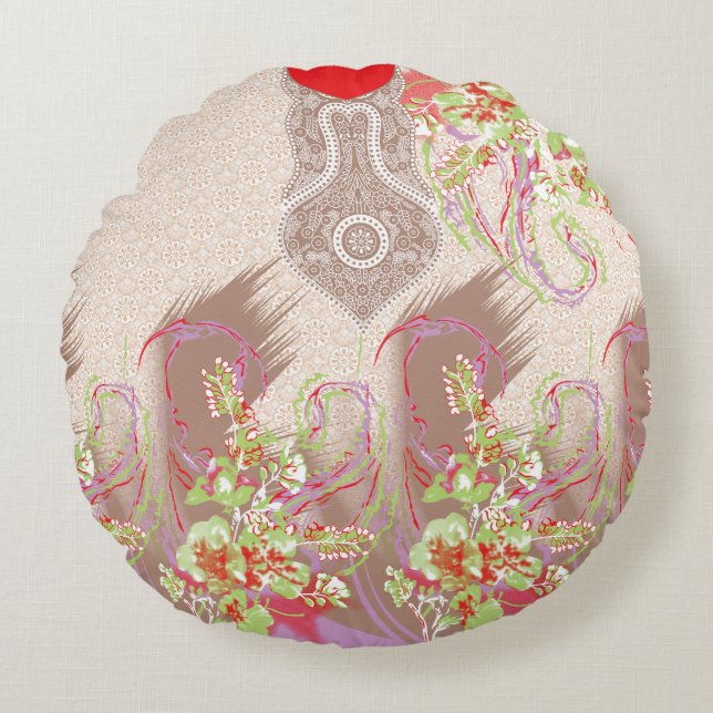 Cojín Redondo diseño de un jarrón rojo con flores en él (Anverso)