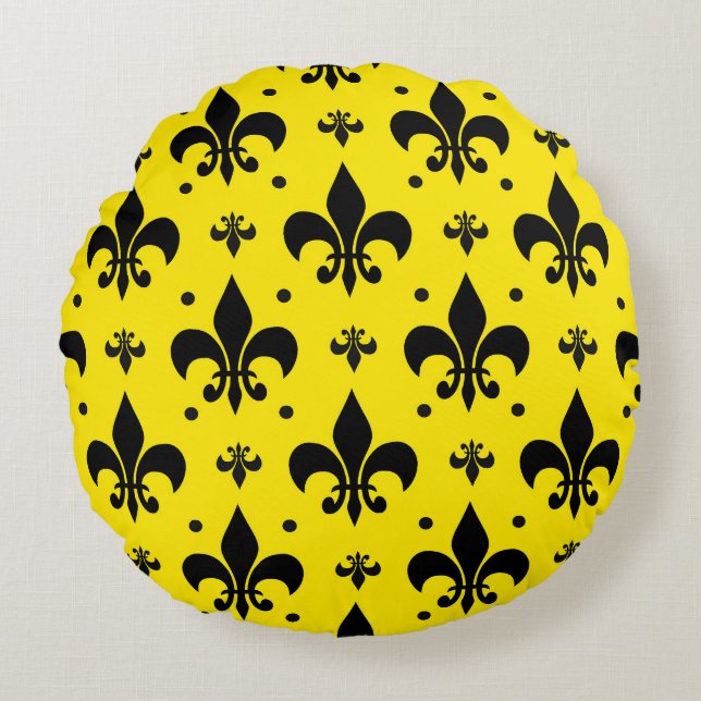 Cojín Redondo Diseño del patrón de flor de lis de fondo amarillo (Anverso)