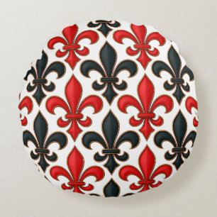 Cojín Redondo Diseño del patrón rojo negro barroco Fleur-de-lis