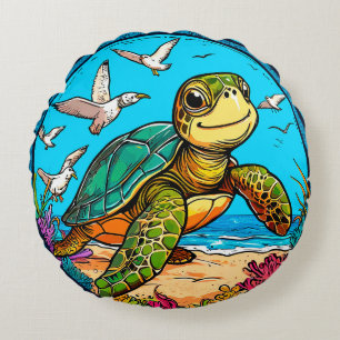 Cojín Redondo 🐢 Diseño Divertido de Playa Oceánica con Gaviotas