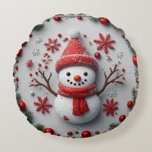 Cojín Redondo Diseño Festivo de Muñeco de Nieve con Decoraciones