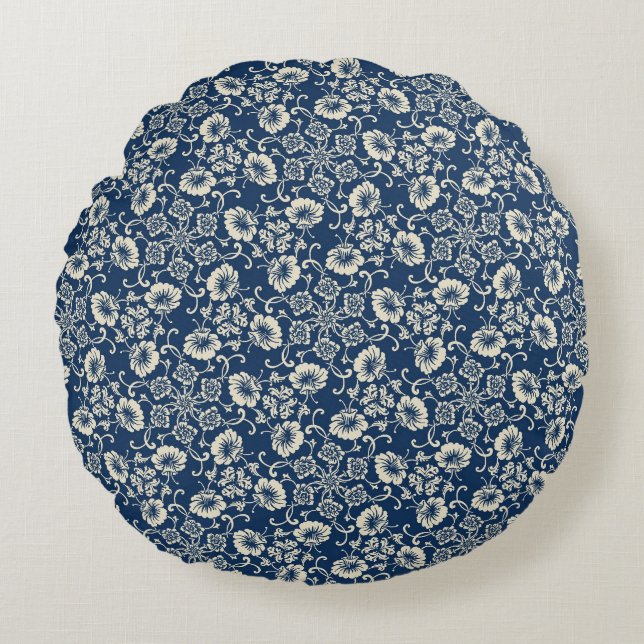 Cojín Redondo Diseño floral azul medieval (Anverso)