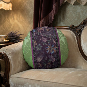 Cojín Redondo Diseño Floral de Seda Verde Vintage Elegante