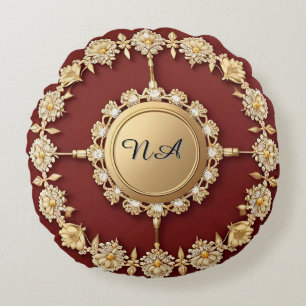 Cojín Redondo Diseño Floral Dorado Ornamentado