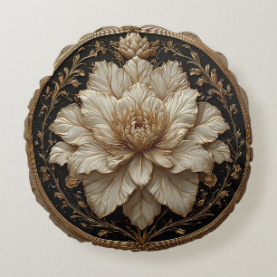 Cojín Redondo Diseño Floral Elegante con Adornos de Oro