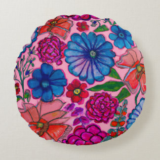 Cojín Redondo Diseño floral rosa y azul