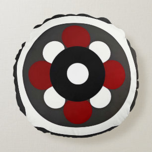 Cojín Redondo Diseño Geométrico Abstracto con Rojo, Negro y Blan