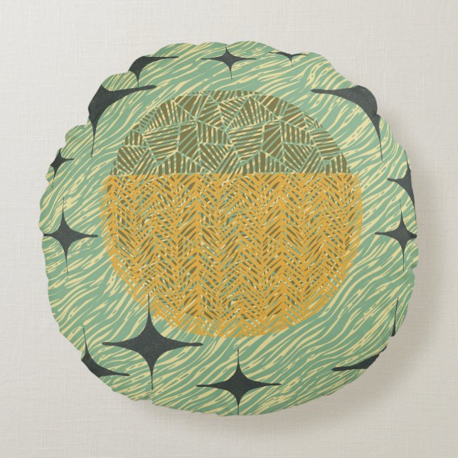 Cojín Redondo Diseño geométrico de mid Century Sage (Anverso)