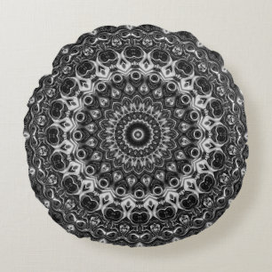 Cojín Redondo Diseño Geométrico Mandala Blanco y Negro