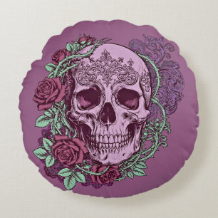 Cojín Redondo Diseño goth de cráneo de lavanda con rosas