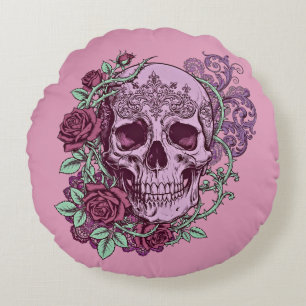 Cojín Redondo Diseño goth de cráneo de lavanda con rosas