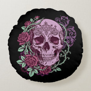 Cojín Redondo Diseño goth de cráneo de lavanda con rosas