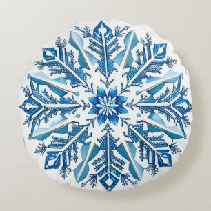 Cojín Redondo Diseño Intrincado de Copo de Nieve Azul