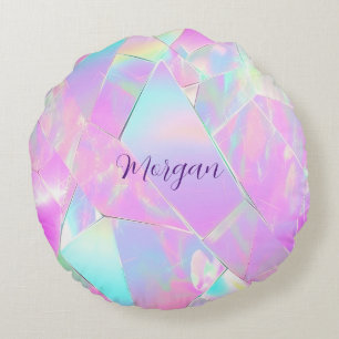 Cojín Redondo Diseño iridiscente de color azul verdoso y rosa, n