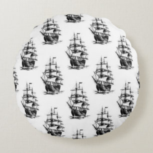 Cojín Redondo Diseño minimalista de patrón de barco velero