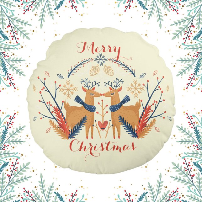 Cojín Redondo Diseño navideño nórdico de Cerezos de Cerezo Escan (Scandinavian Folk Woodland Deer Cream Round Pillow)