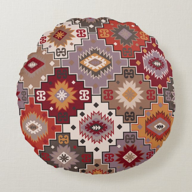 Cojín Redondo Diseño original de alfombra persa, textura tribal. (Anverso)
