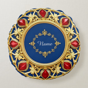Cojín Redondo Diseño Ornamental Dorado Con Piedras Preciosas Roj