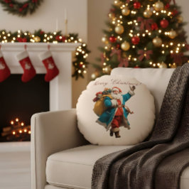 Cojín Redondo Diseño personalizado de Santa navideño vintage