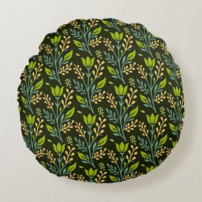Cojín Redondo Diseño sofisticado de patrón floral azul y beige (Anverso)