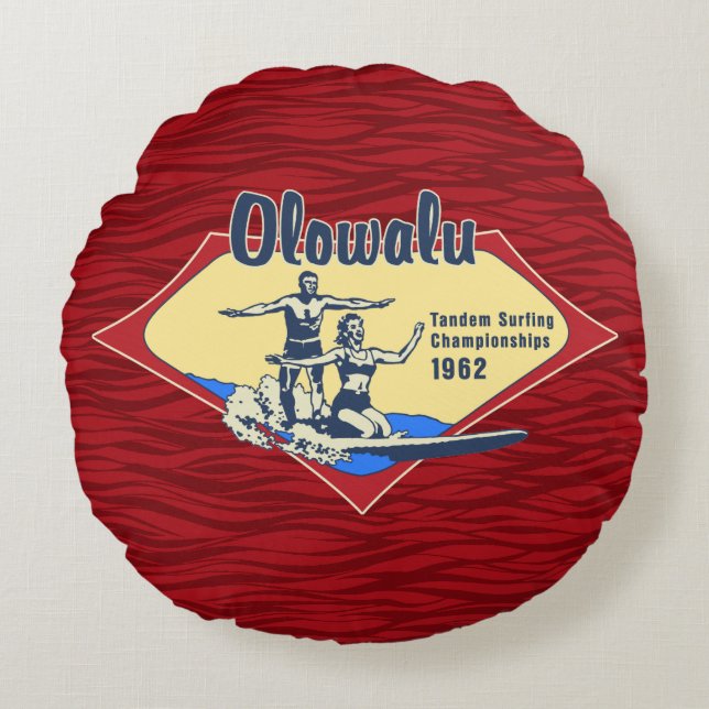 Cojín Redondo Diseño Tandem Surfing Hawaiano Vintage (Anverso)