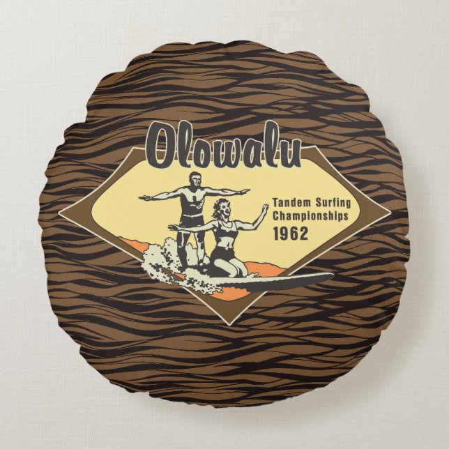 Cojín Redondo Diseño Tandem Surfing Hawaiano Vintage (Anverso)